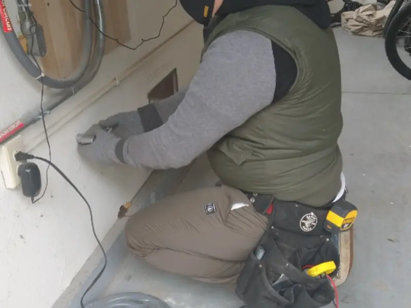 Electrician performing outlet wiring in a Irving garage